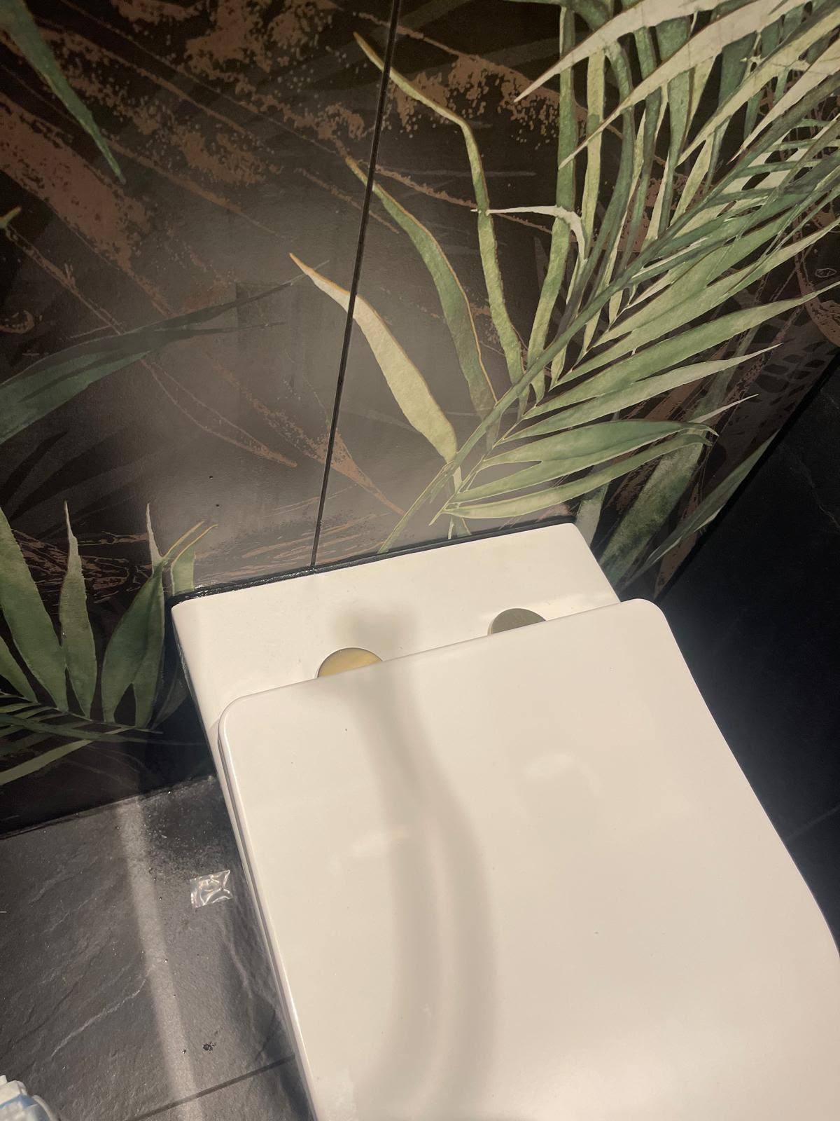 Cistern top sealed against a patterned wallpapered bathroom wall